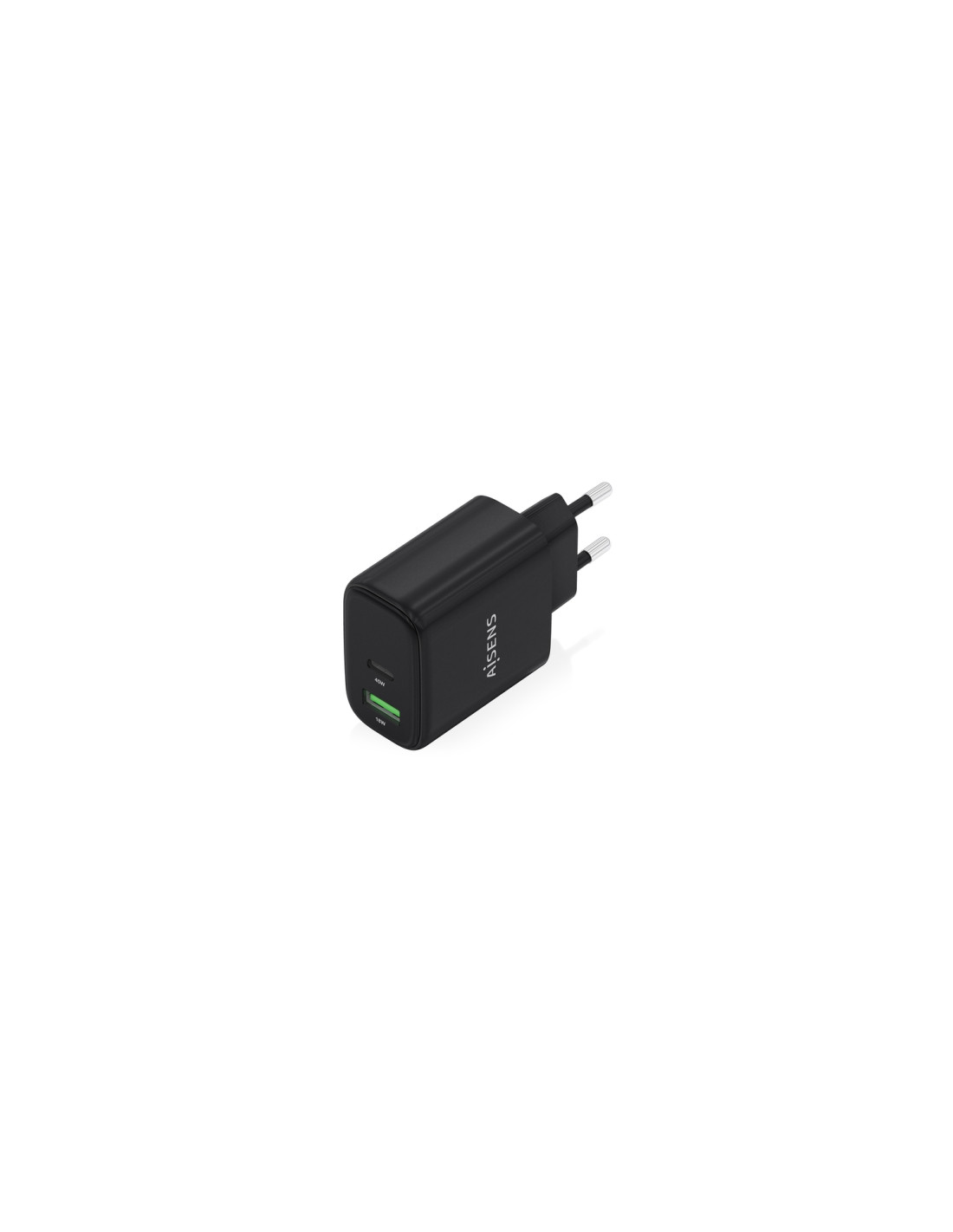 AISENS Cargador GaN 45W, 1xUSB-C PD3.0 QC4.0, 1xUSB-A QC3.0, Negro