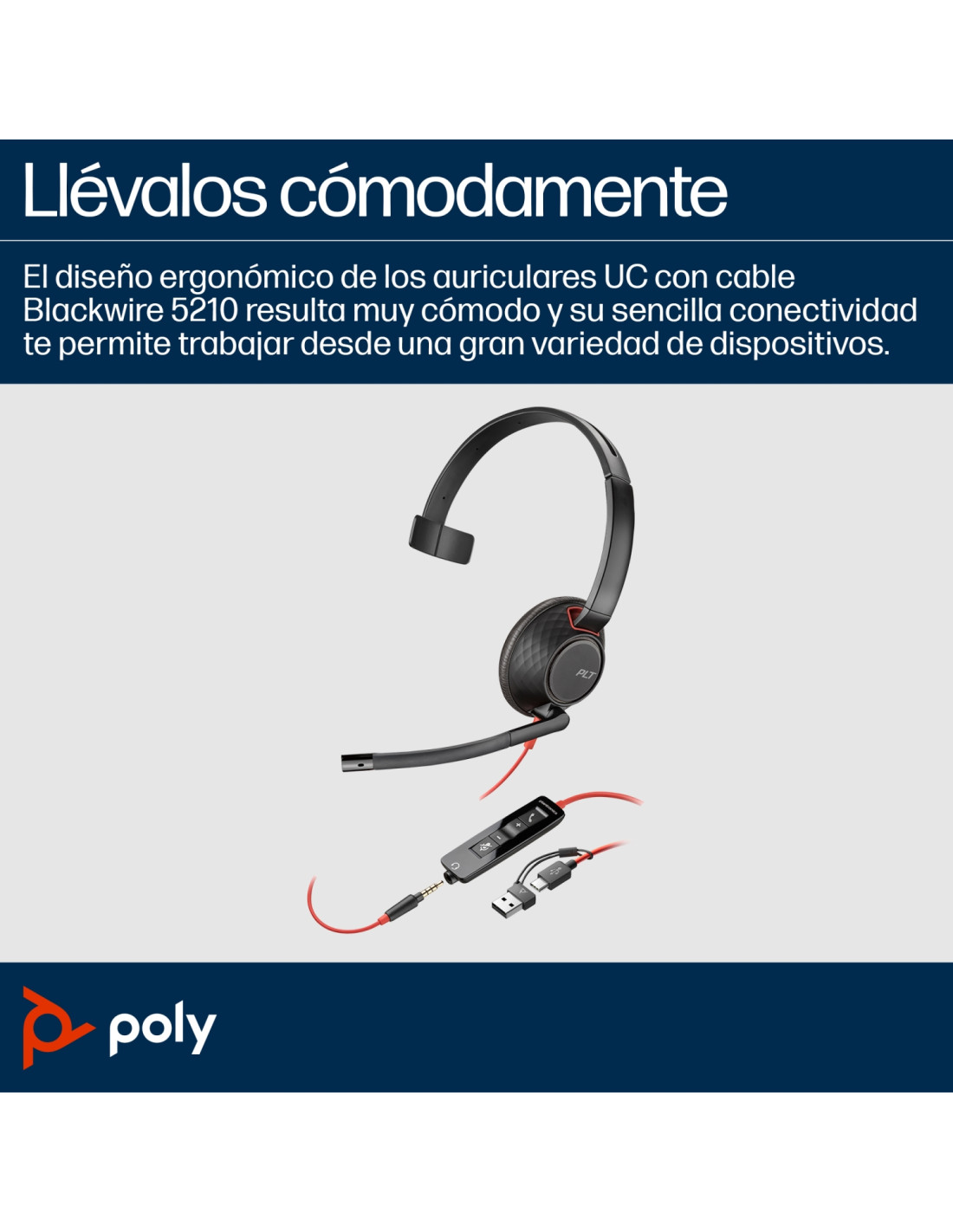 Poly Auriculares Blackwire 5210 monaural USB-C + conector de 3,5 mm + adaptador USB-C/A