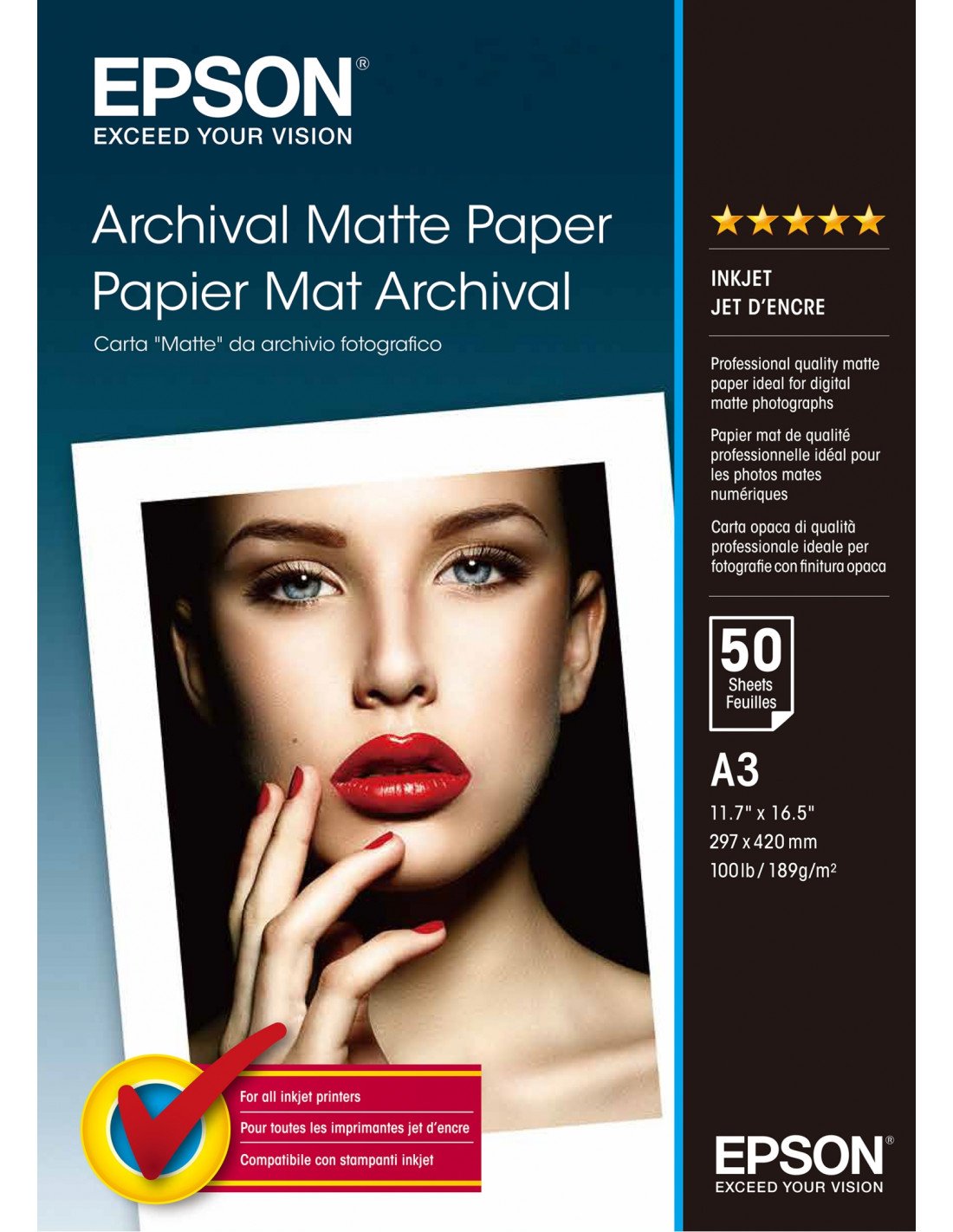 Papel Epson Archival Matte Paper, DIN A3, 189 g/m², 50 hojas C13S041344