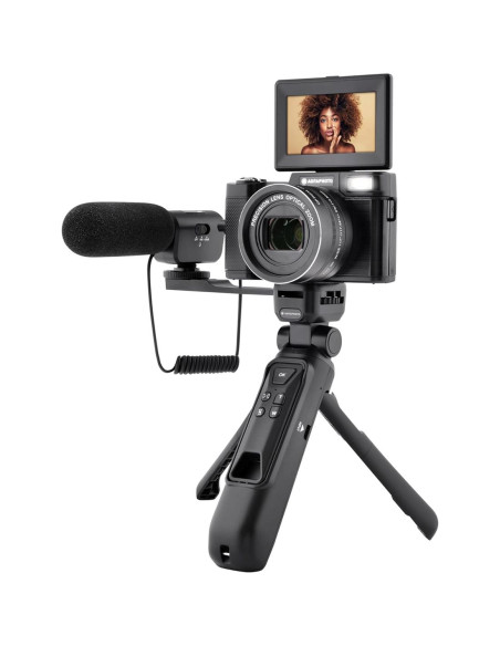 AgfaPhoto - Vlogging Kit: Cámara VLG-4K 5x Zoom, Trípode Powerbank, Mando y Micrófono