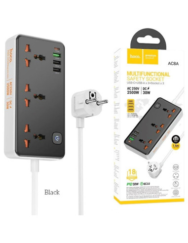 Hoco AC8A Regleta Multipaís con salidas USB 30W Negro