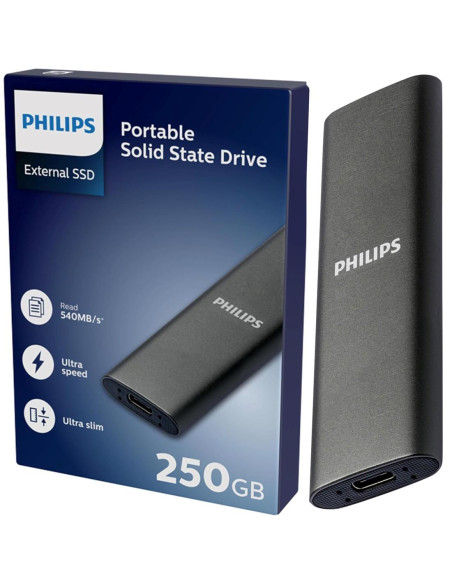 Disco SSD Philips 250GB USB-C/USB 3.0 540MB Ultra Slim Gris (FM25SS031P)