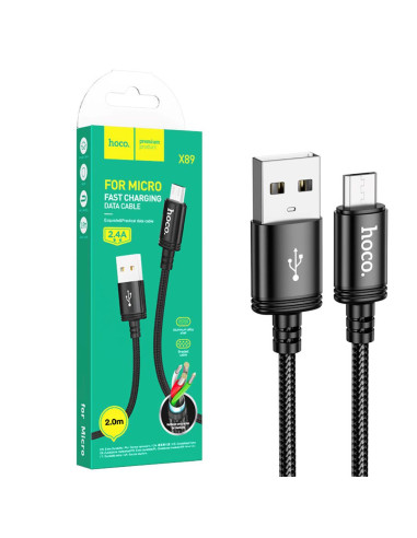Cable USB a Micro 2 metros 2.4 Amp Hoco X89 Reforzado Negro