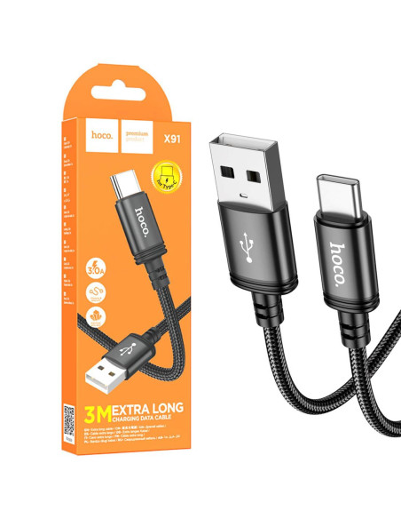 Cable USB a USB-C 3 metros 2.4A Hoco X91 Negro