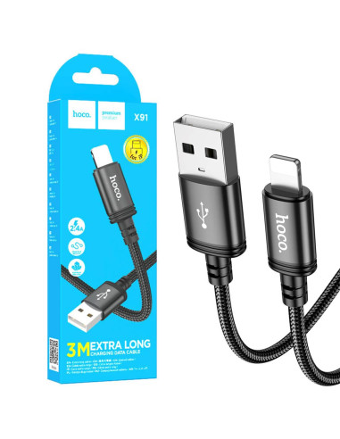 Cable USB-C a Lightning 3 metros 2.4A Hoco X91 Negro