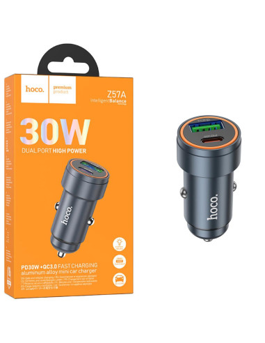 Cargador de Coche Hoco Z57A Glorious PD30W+QC3.0 Metal Gray