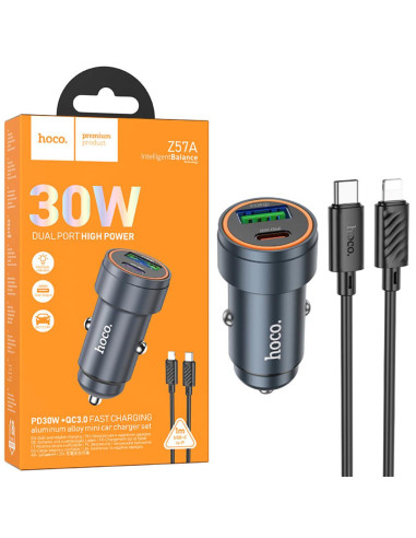 Cargador de Coche Set Hoco Z57A PD30W + QC3.0 + Cable Lightning