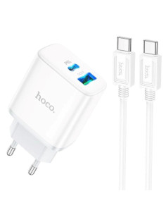 Cargador USB y USB-C 20W + Cable USB-C a USB-C Hoco C105A Blanco