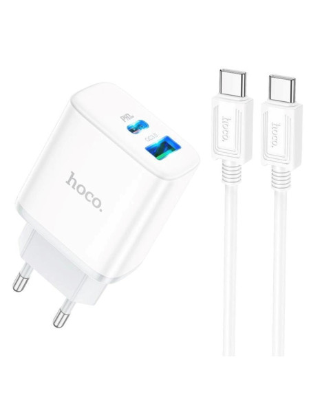 Cargador USB y USB-C 20W + Cable USB-C a USB-C Hoco C105A Blanco