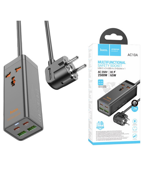 Cargador USB y USB-C 65W entrada Multipaís Hoco AC10A Blanco