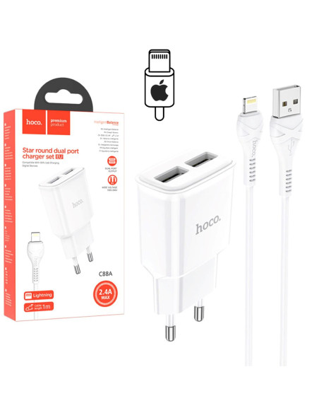 Hoco C88A Cargador Star Round Dual Port + Cable Lightning White
