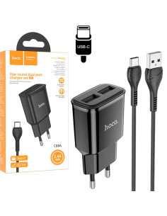 Hoco C88A Cargador Star Round Dual Port + Cable USB-C Negro