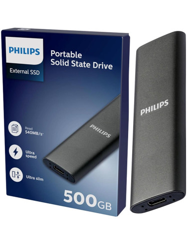 Disco SSD Externo Philips 500GB USB-C/USB 3.0 540MB Ultra Slim Gris