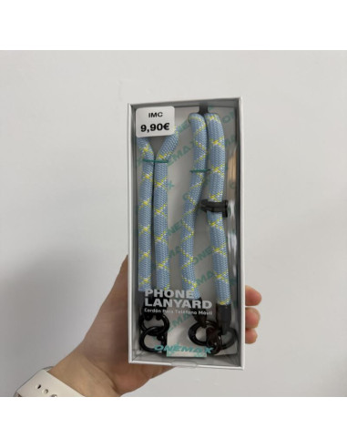 CORDÓN PARA COLGAR EN CUELLO Y EN MANO AZUL, AMARILLO Y BLANCO